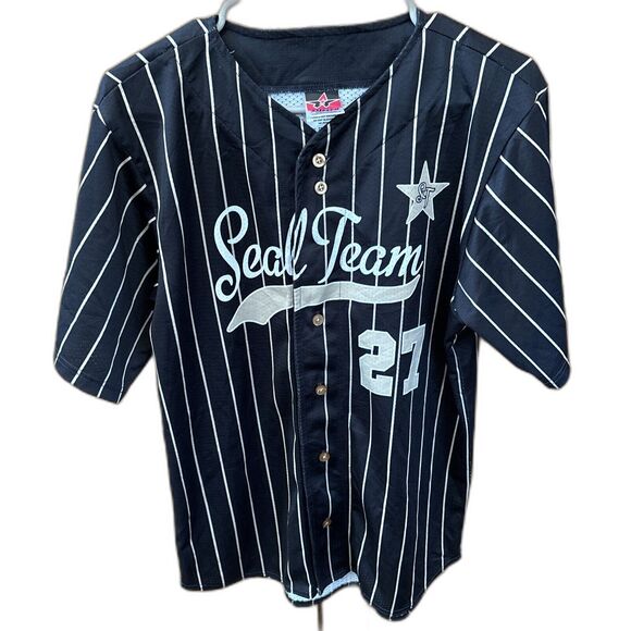 Don Alleson Athletic Baseball Jersey Black Striped Seal Team 27 Buttons S - Picture 11 of 11